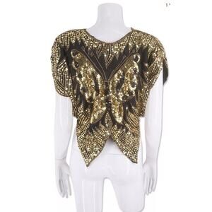 Vintage 80s Sequined Cape Butterfly Hand Sewn Shawl Poncho India Medium